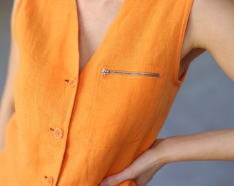 Vintage orange linen sleeveless long vest top