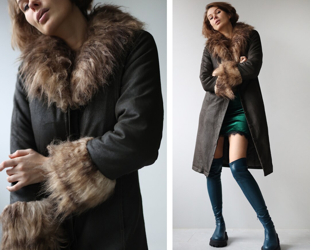 【Vintage】90s Dark Green Fake Fur-Coat VINTAGE 90 Y2K RAMPAGE WOMENS FAUX FUR GREEN PENNY LANE PEA