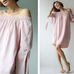 Vintage pink viscose off shoulder long sleeve knee length midi dress