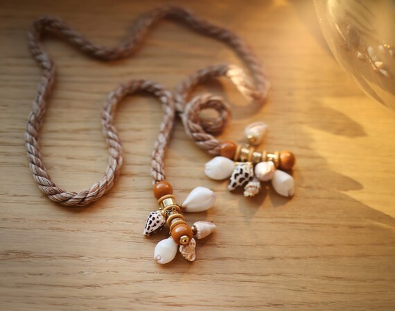 Vintage rope and natural sea shell bead string wa… - image 4