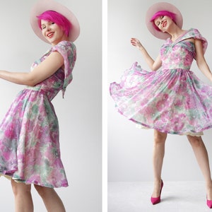 50s vintage pink floral print new look style full circle skirt knee length dancing princess midi dress S