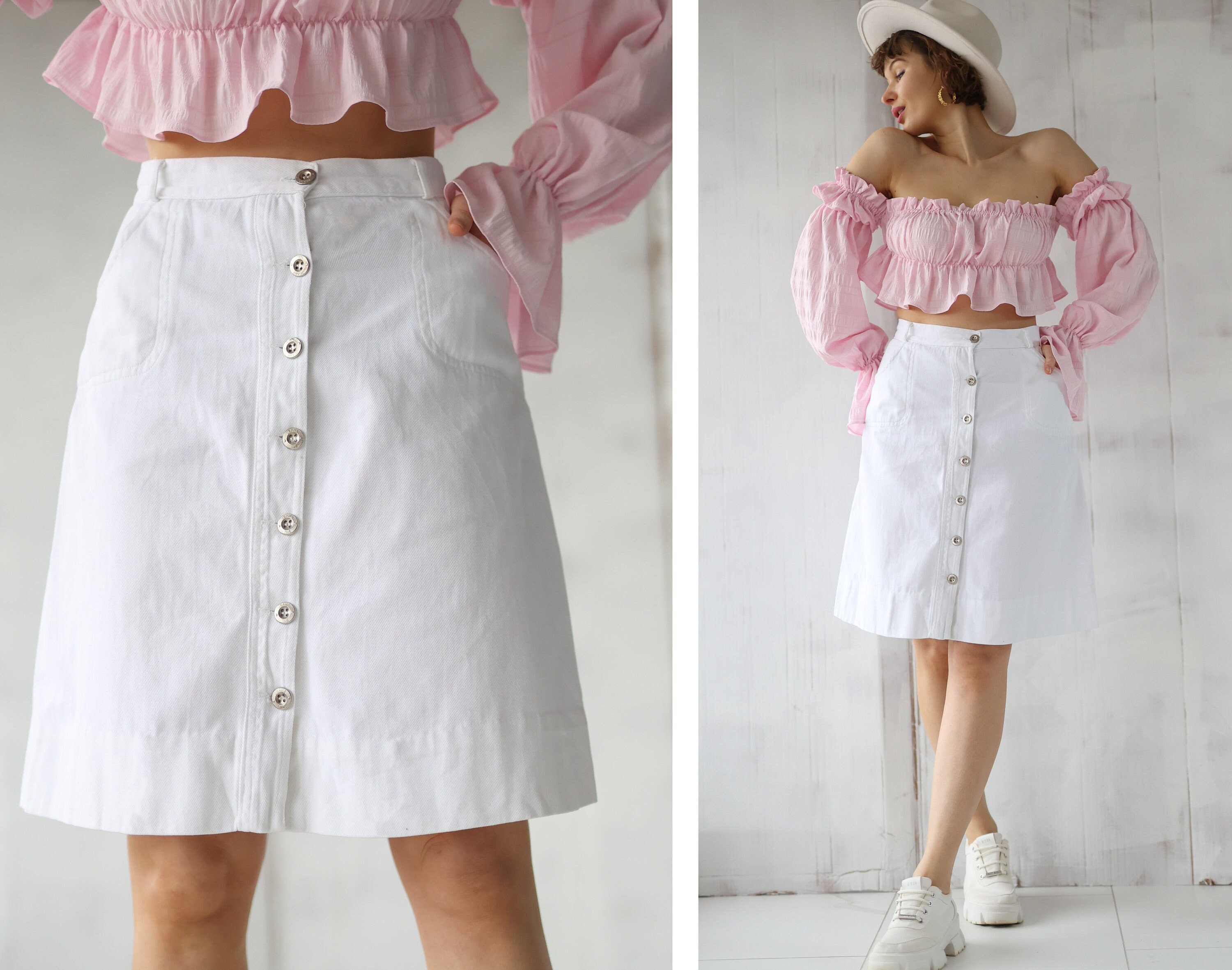 Vintage White Cotton Denim High Waist Button up A Line Midi