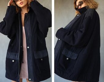 Unisex vintage navy blue wool leather panel winter jacket