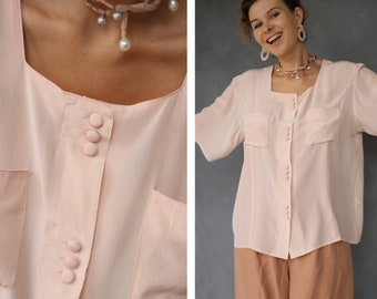 Italian Vintage pink silk short sleeve button up shirt blouse top