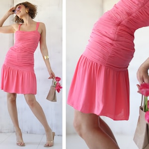 Vintage pink chiffon draped bodice knee midi dress S