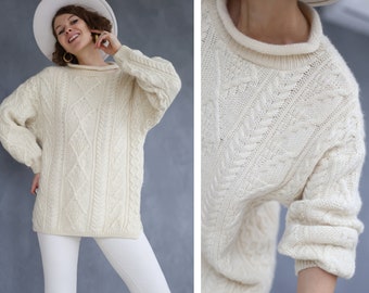 Irish Vintage cream white braid knit long sleeve  oversized sweater top