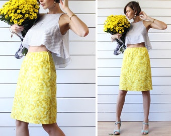 Finnish vintage yellow cotton high waist fitted pencil knee length midi skirt S M