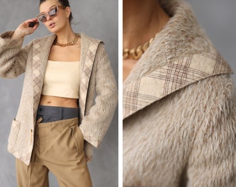 Vintage beige plaid soft wool jacket short coat