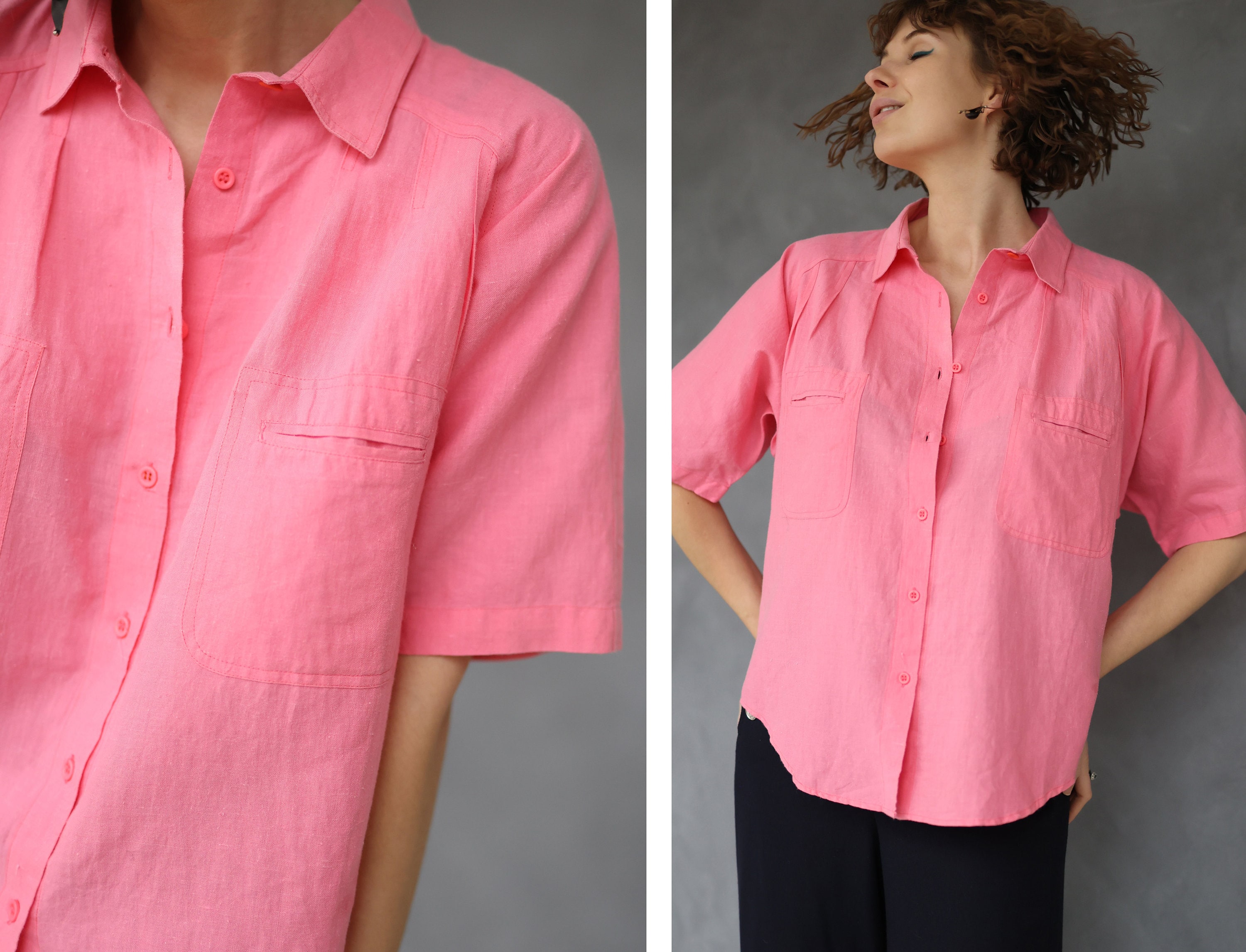 Vintage Pink Relaxed Fit Button up Short Sleeve Shirt Blouse