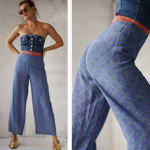 Vintage blauwe zijden print met hoge taille en wijde pijpen broek broek XS S