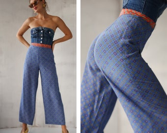 Vintage blue print silk high waist wide leg trousers pants XS S