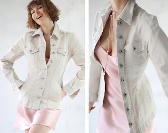 Vintage beige cotton denim slim fitted long sleeve jacket XS S