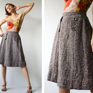 Finnish vintage beige brown wool boucle high waist over the knee length A line midi skirt XS