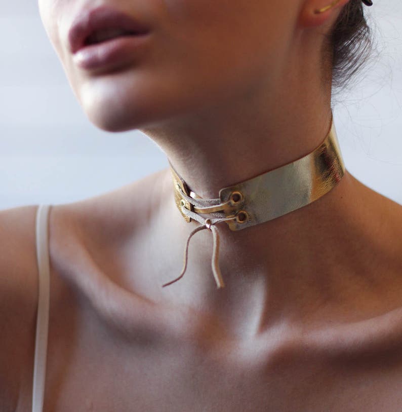 Handmade shiny gold tone leather wide neck strap lace up choker ribbon necklace image 1