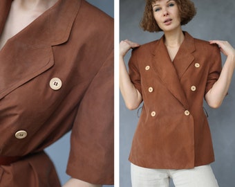 Vintage brown silk short sleeve blazer blouse top