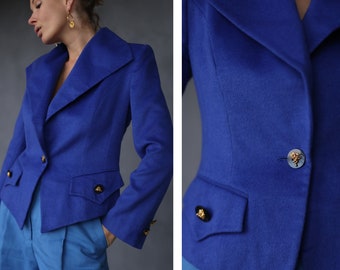 French Vintage blue wool angora cashmere gold button long sleeve blazer jacket S M