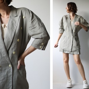 Vintage grey linen double breasted short sleeve waisted blazer jacket S