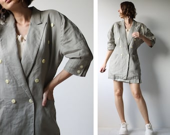 Vintage grey linen double breasted short sleeve waisted blazer jacket S