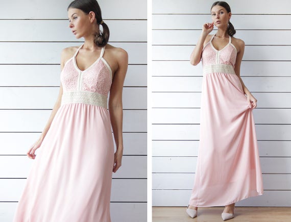 Vintage pink ecru lace detail halter neck open ba… - image 1