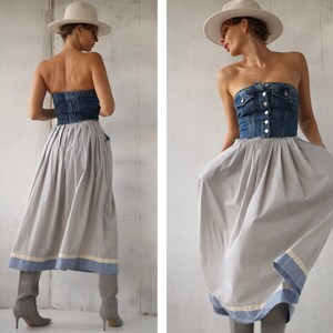 Finnish Vintage blue white vertical striped cotton over the knee length high waist full midi skirt XS S