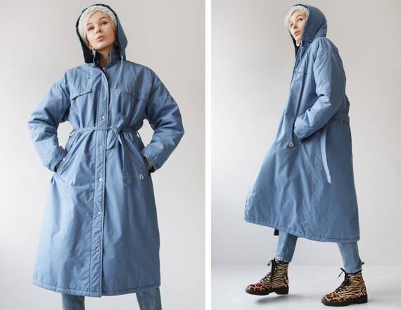 80s vintage blue warm padded hooded belted puffer