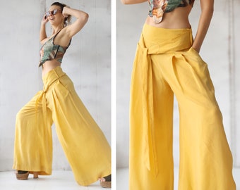 Pantalones de verano palazzo de pierna extra ancha amarillo vintage S