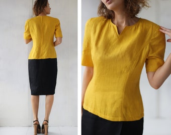 Vintage yellow black linen short sleeve midi dress M L