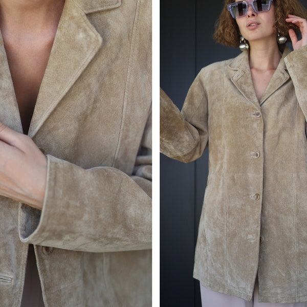 Vintage beige soft suede leather button up blazer jacket