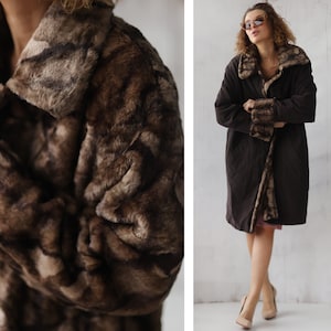 Vintage reversible faux fur double sided brown winter coat