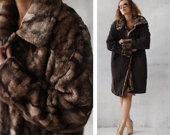 Vintage reversible faux fur double sided brown winter coat