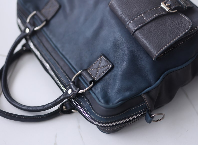 Vintage blue black leather large holdall travel sports unisex men women duffle bag image 6