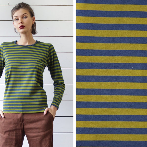 MARIMEKKO olive green navy blue horizontal striped long sleeve tshirt top M