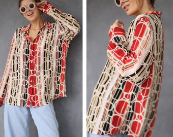 JOBIS Vintage pure silk blouse graphic print long sleeve top
