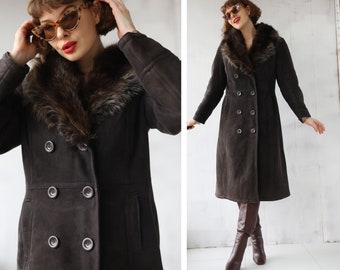 Vintage brown real suede heavy fur genuine sheepskin shearling warm winter coat M