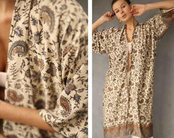 Vintage pure silk beige floral prints long open cardigan coat