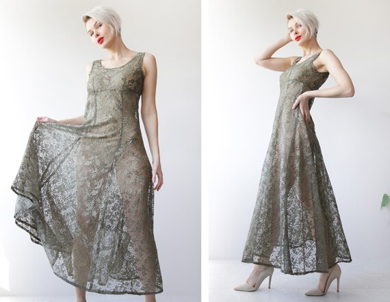 Vintage sheer green lace full skirt sleeveless max