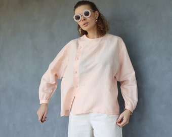 Vintage pink pure silk long sleeve asymmetric button up blouse top