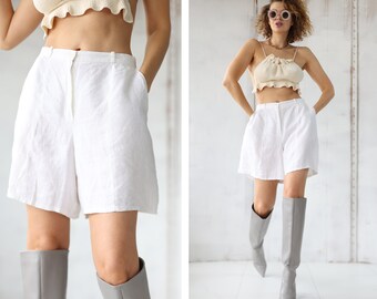 Vintage white pure linen high waist summer shorts pants L