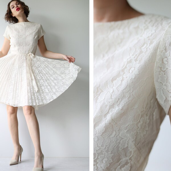 Vintage white lace short sleeve full pleated skirt knee length midi dress S