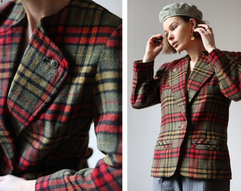 Vintage green red plaid wool waisted blazer S