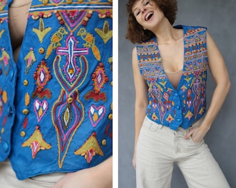 Vintage blue leather multicolor bead embroidery vest top