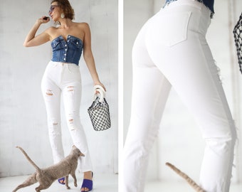 Vintage white cotton denim ripped high waist skinny slim fit jeans XS