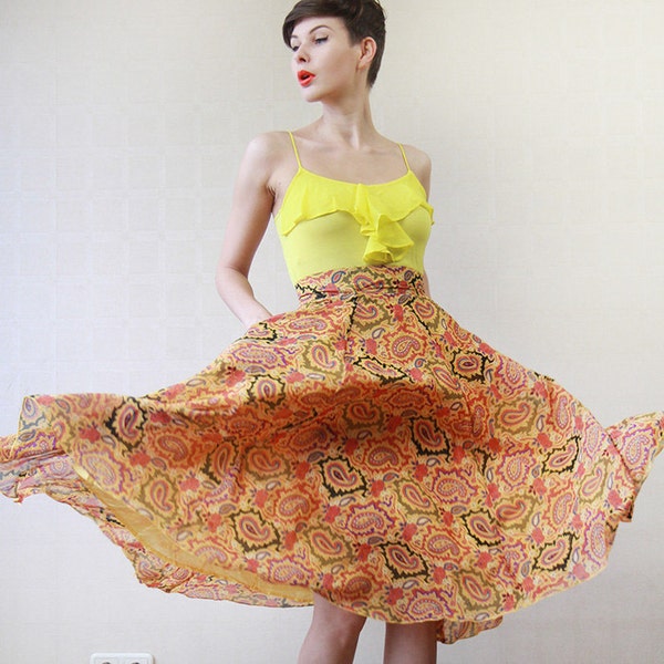 CACHAREL French vintage yellow orange paisley print high waist full midi skirt XS