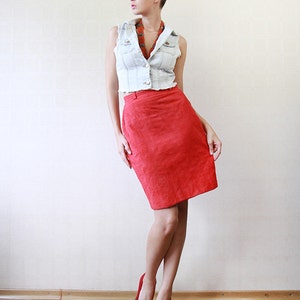 LAUREL vintage red soft quilted suede leather high waist pencil skirt XS image 3