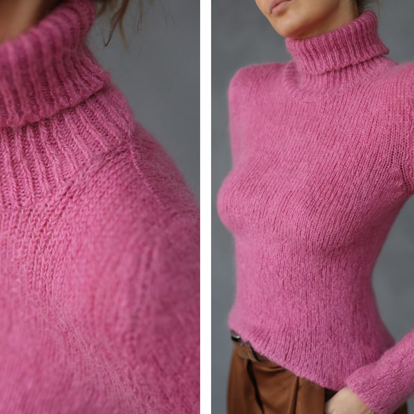 pull ajusté à manches longues et col roulé en laine et mohair rose vintage S