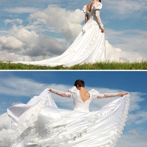 White satin heavily beaded lace long train wedding dress bridal gown S image 4