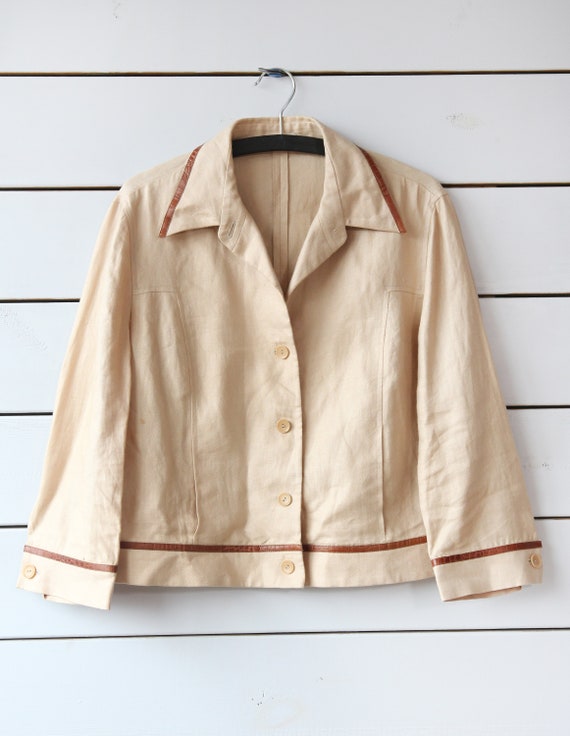 MAX MARA Vintage beige pure linen leather trim lo… - image 6