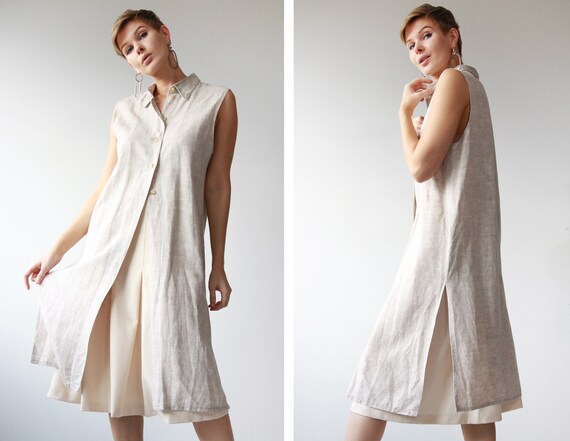 French vintage beige linen blend sleeveless tunic