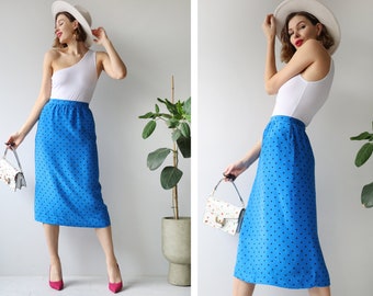 Vintage blue polka dot pure silk high waist pencil midi skirt S