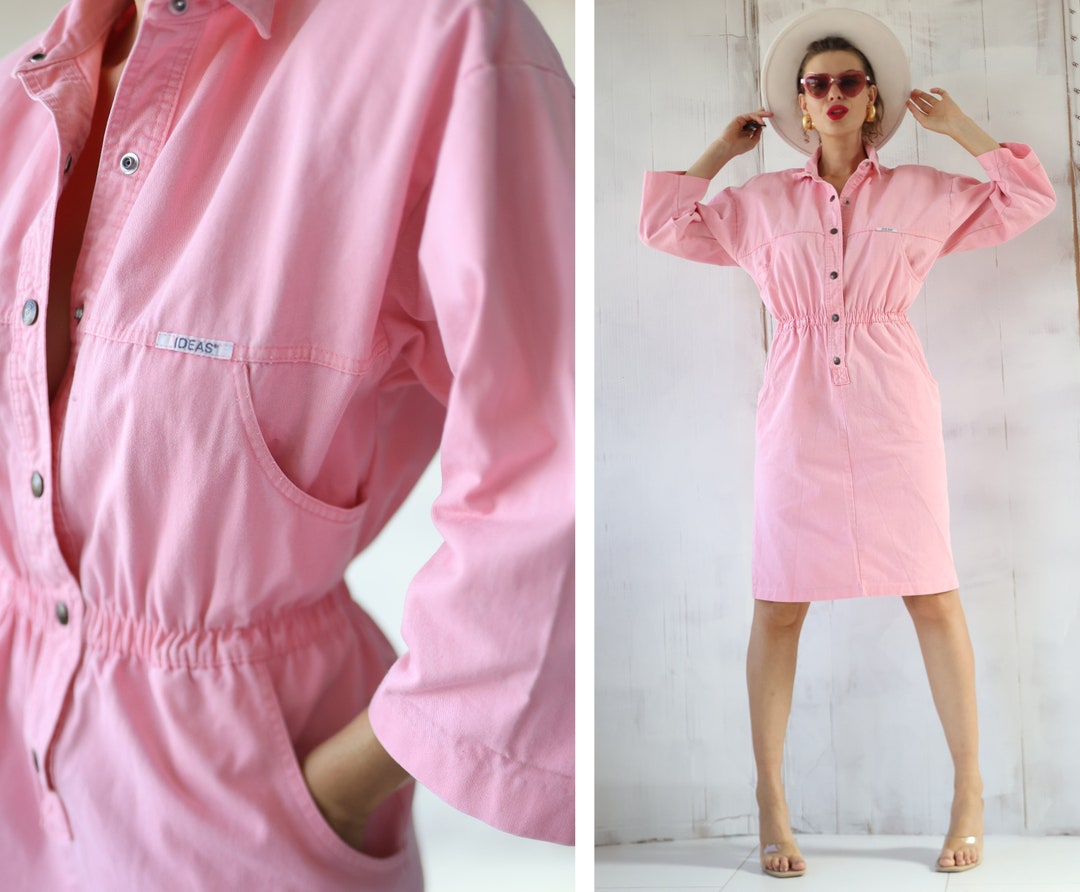 80s Vintage Pink Denim Knee Length Front Button Long Sleeve Midi Dress